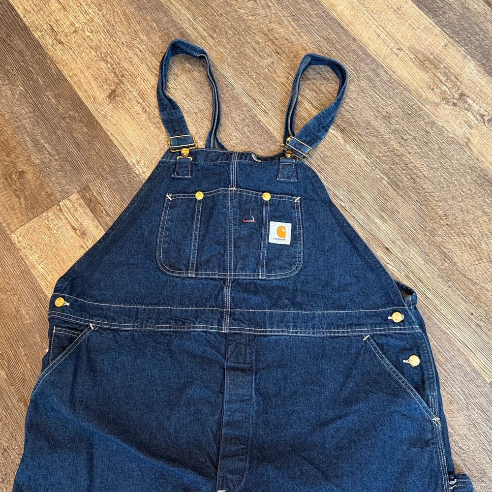 Vintage 90s Carhartt Blue Denim Cotton Bib Overalls Made in USA Y2K Size 48x30 - Picture 2 of 8